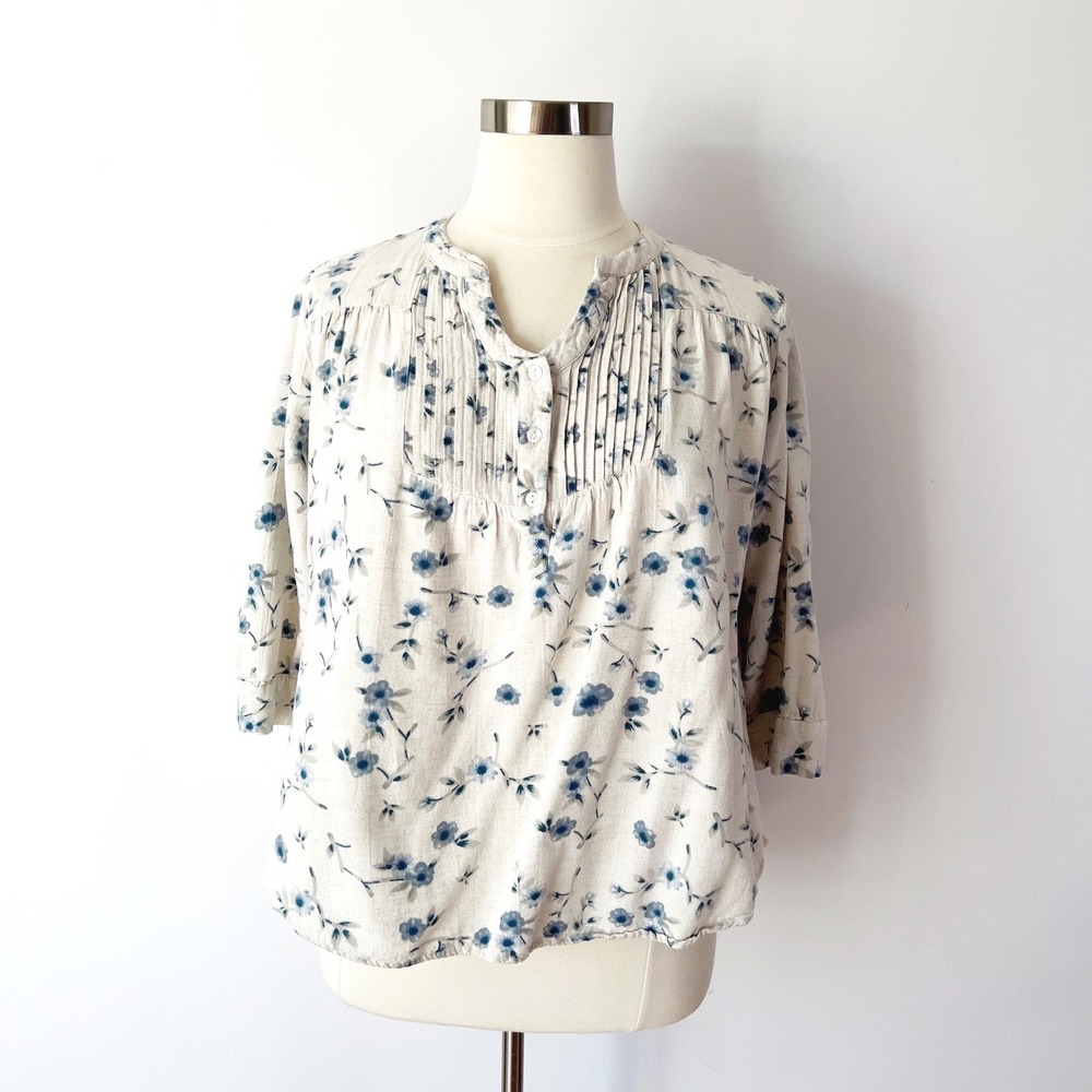 Vermont Country Store Blouse Beige Blue Floral Linen Blend Pleated Plus 1X